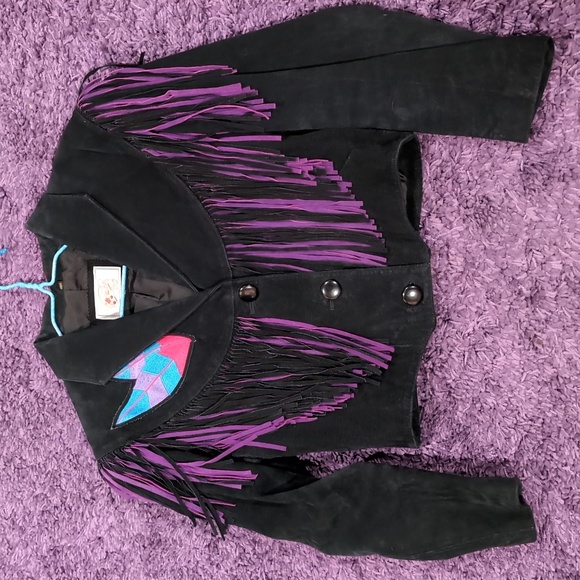 Vintage Women's Adler Black Western W/ Purple Tassle Suede Leather - Picture 1 of 10